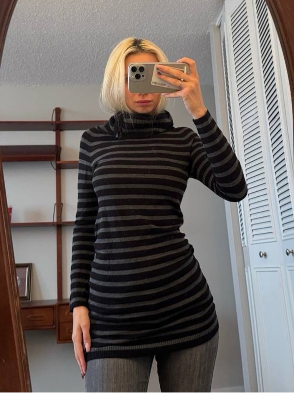 Y2K style Striped Black and Gray Turtleneck Sweater - Women's